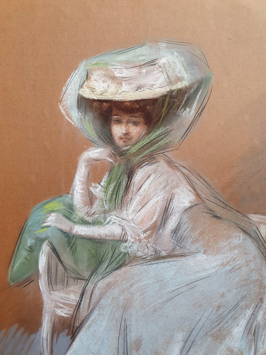 Ferdinand Mifliez Elegant Misti Seated On A Bench Pastel On Paper -photo-3