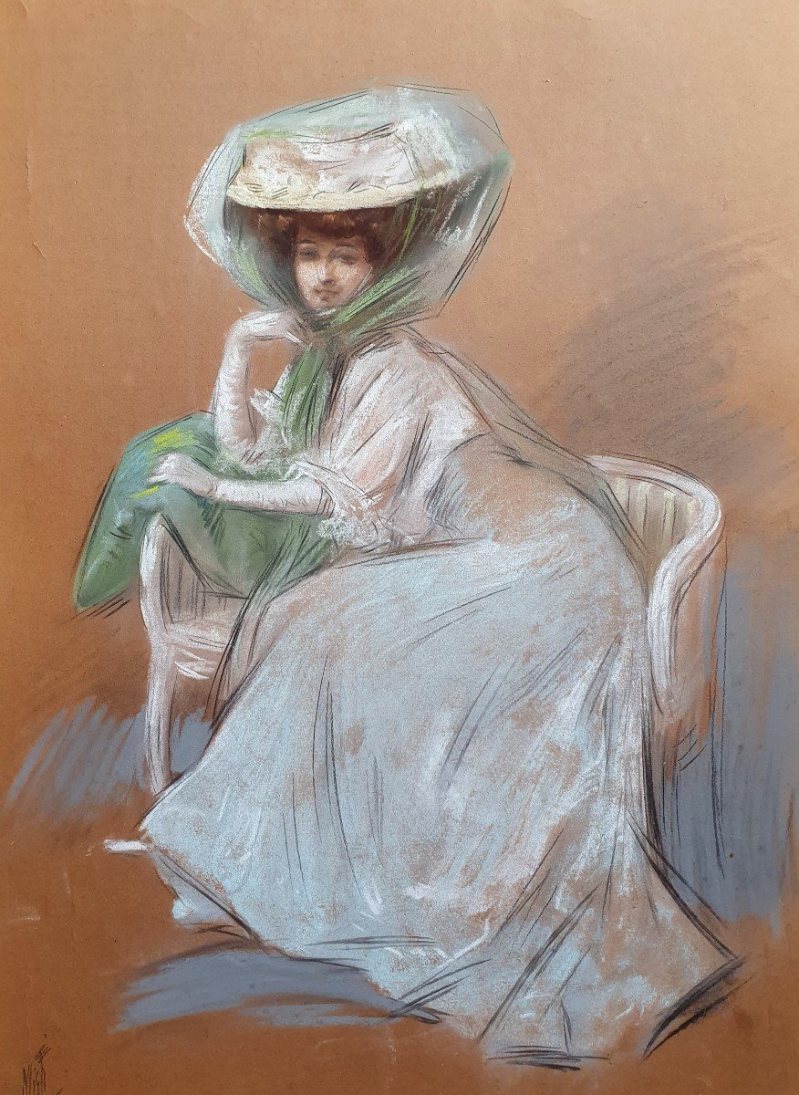 Ferdinand Mifliez Elegant Misti Seated On A Bench Pastel On Paper 