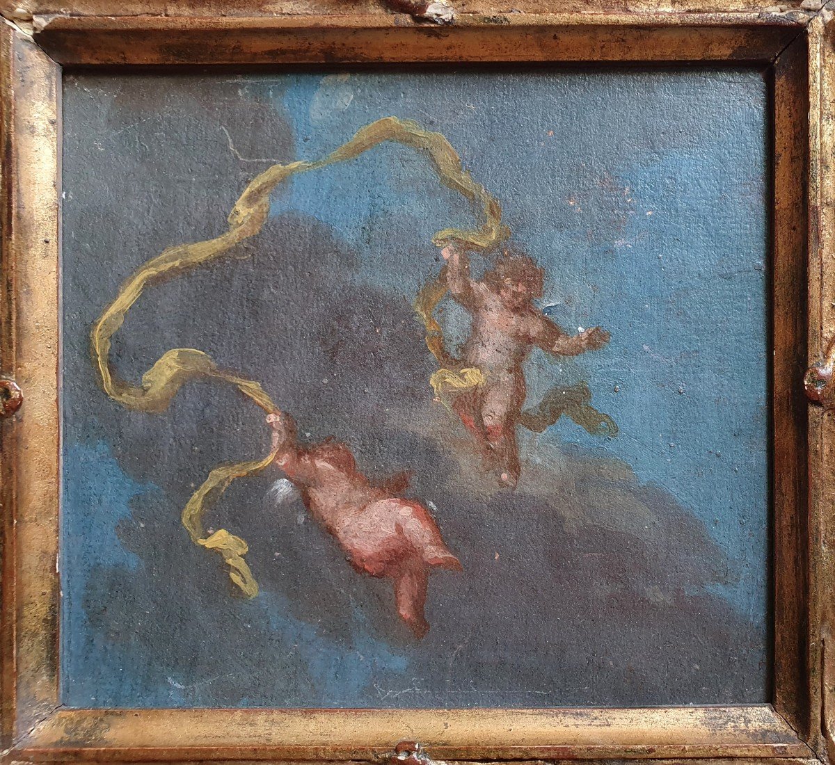 Cherubs With Yellow Ribbon Oil On Paper From The 18th Century Cupid Sketch For A Ceiling?-photo-3