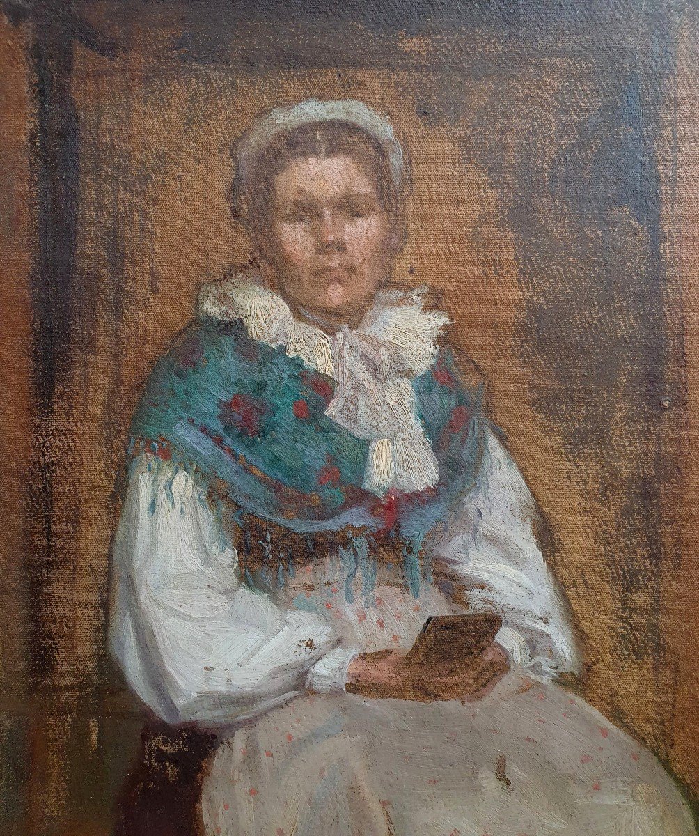 Portrait De Femme Assise Huile Sur Carton Vendée , Bretagne fin du XIXème-photo-2