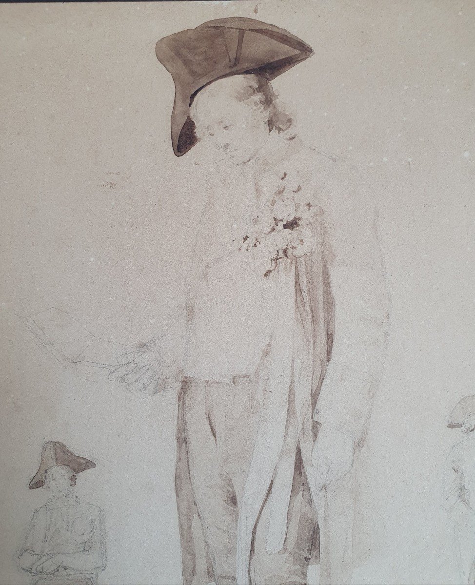 Study Of A Man With A Bicorn Wash And Lead Pencil 19th Century -photo-3