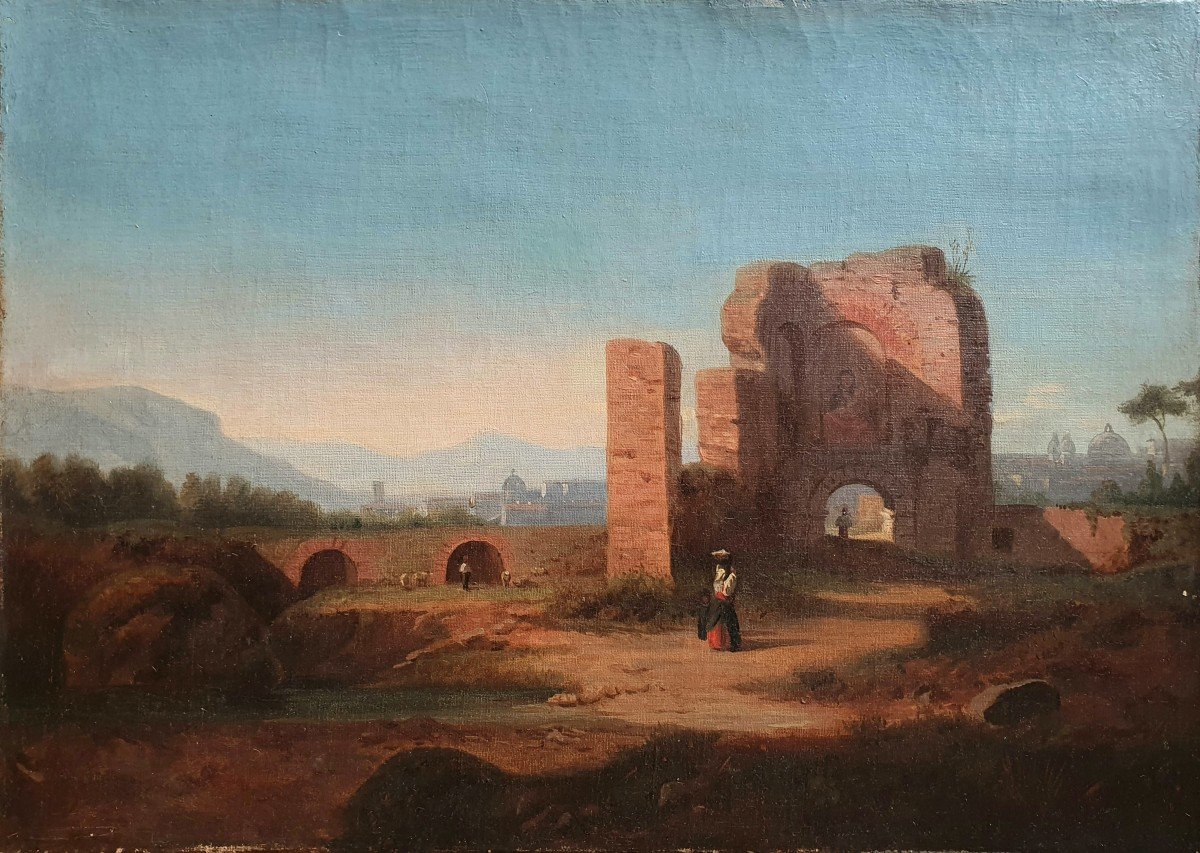 Attributed To Antoine Ponthus Cinier View Of The Surroundings Of Rome Oil On Canvas Italy 