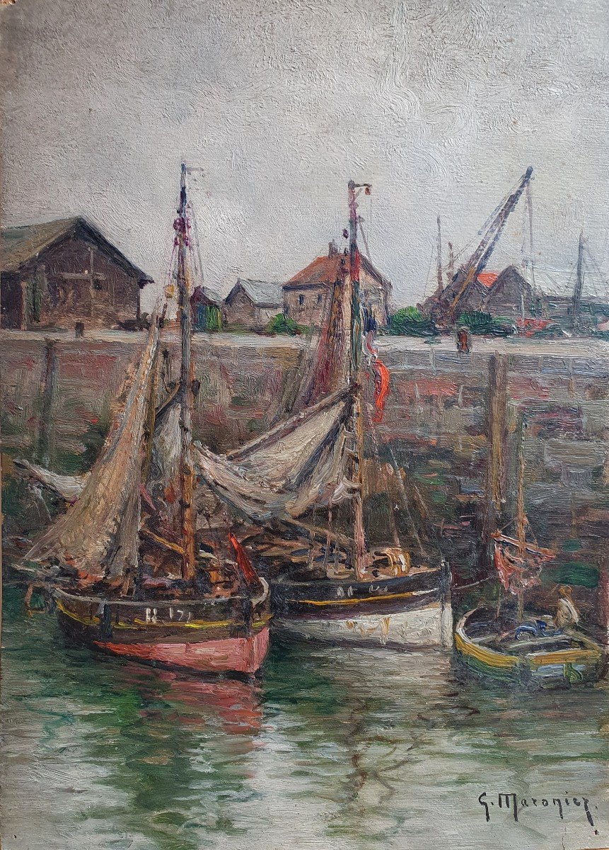 Georges Maroniez Vue d'Un Port Bretagne Ou Normandie Huile Sur Papier 