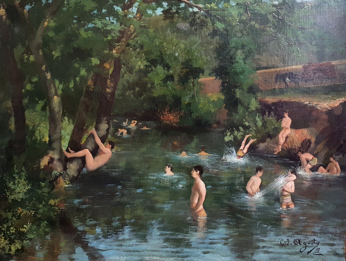 Camille Joseph Agosta Men Bathing Oil On Canvas 1887-photo-2