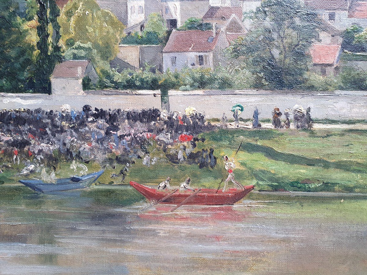 René Maurice Fath Joutes Nautiques Sur La Seine à Carrières Sur Seine Huile Sur Toile Vers 1900-photo-4