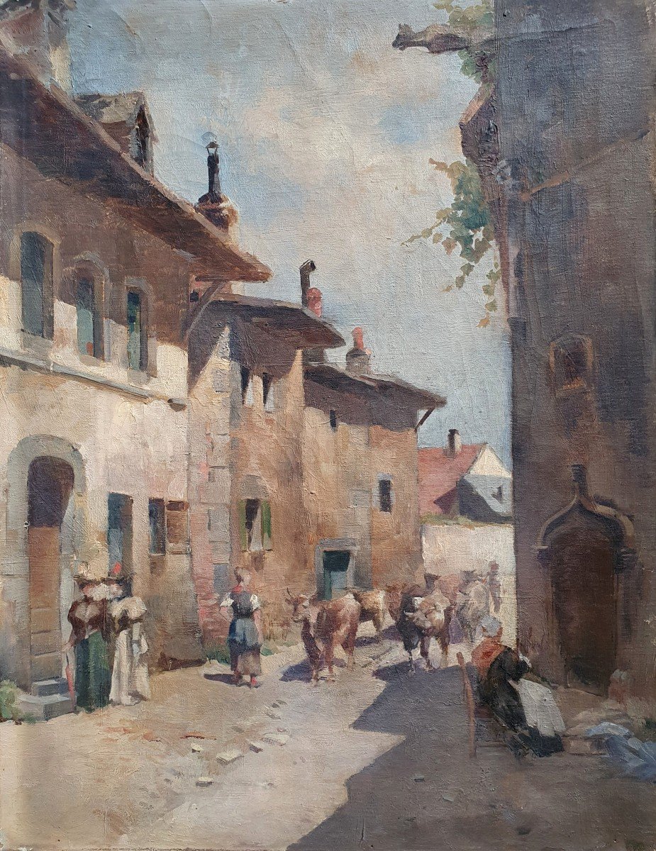 Scène De Rue Animée Village Huile Sur Toile école Française Fin Du XIXème Siècle