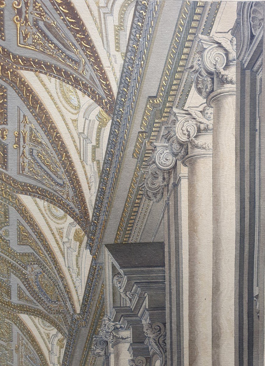 Francesco Pannini Interior Of Saint Peter Rome Watercolor And Gouache On Engraved Line -photo-5