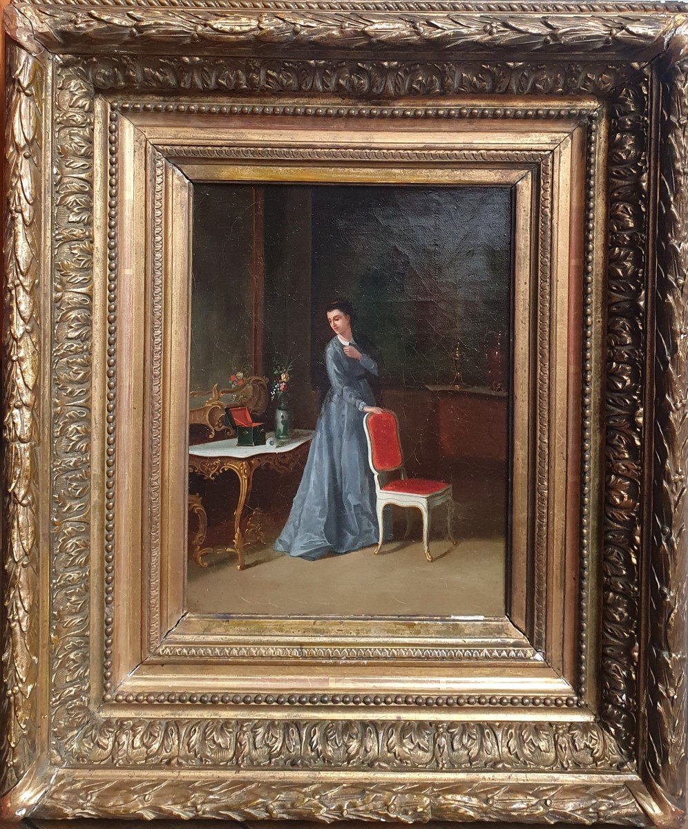 Femme Dans Un Intérieur Bourgeois Huile Sur Toile XIXème Siècle Coffret à Bijoux  -photo-2