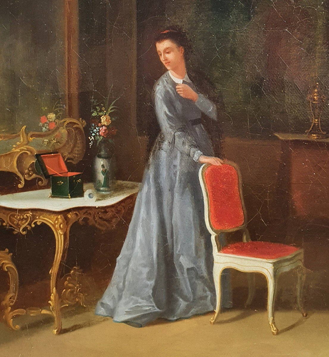 Femme Dans Un Intérieur Bourgeois Huile Sur Toile XIXème Siècle Coffret à Bijoux  -photo-3