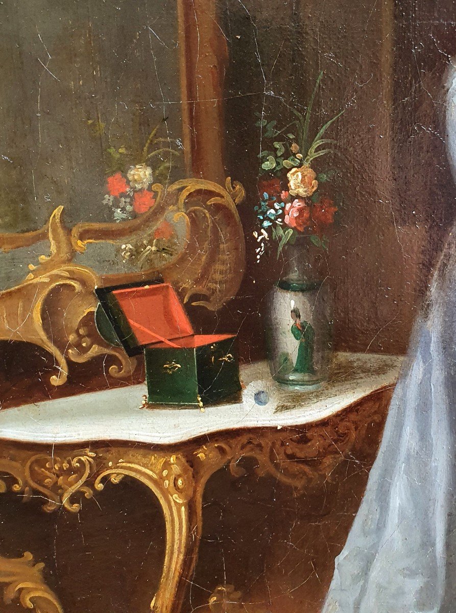 Femme Dans Un Intérieur Bourgeois Huile Sur Toile XIXème Siècle Coffret à Bijoux  -photo-4