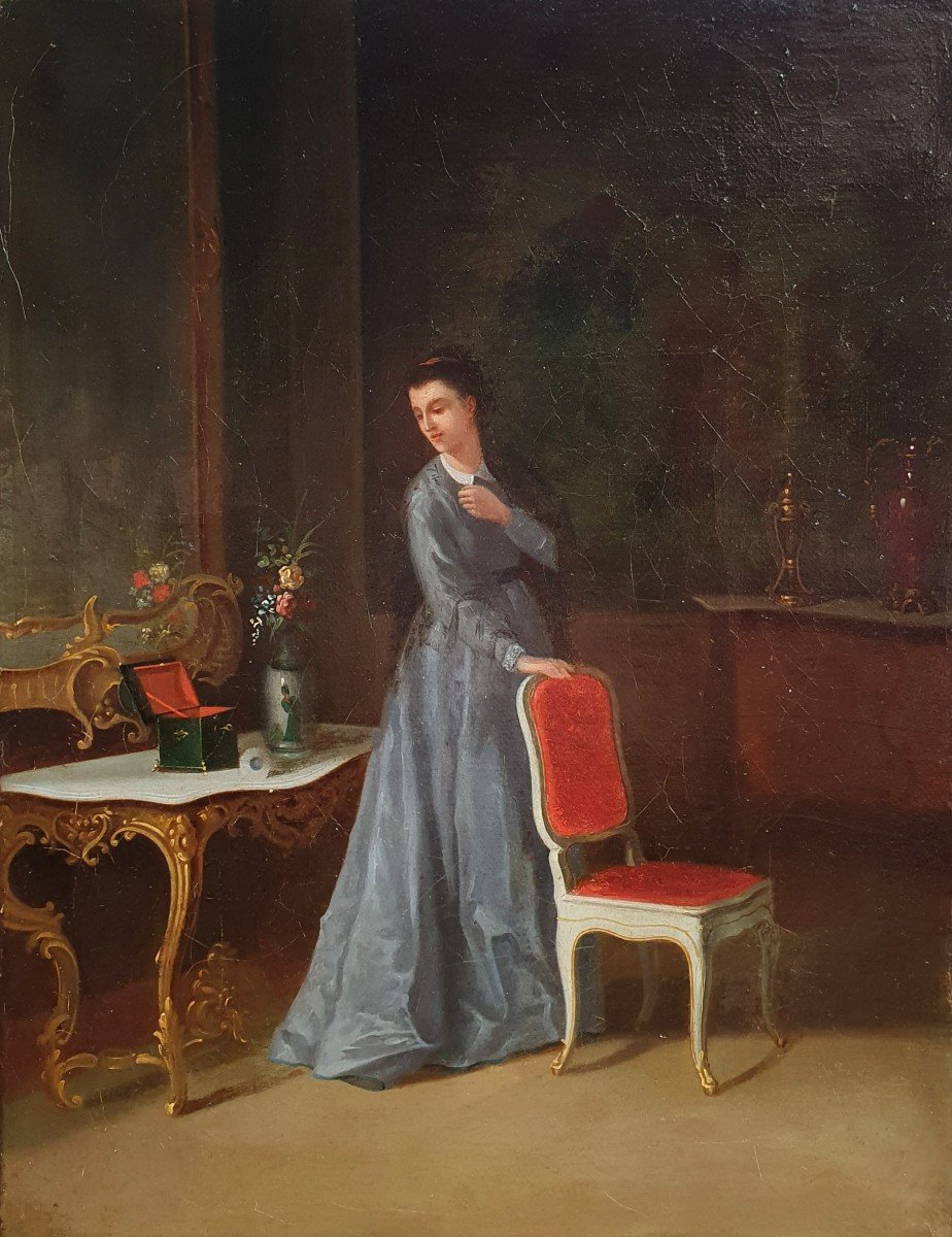 Femme Dans Un Intérieur Bourgeois Huile Sur Toile XIXème Siècle Coffret à Bijoux  