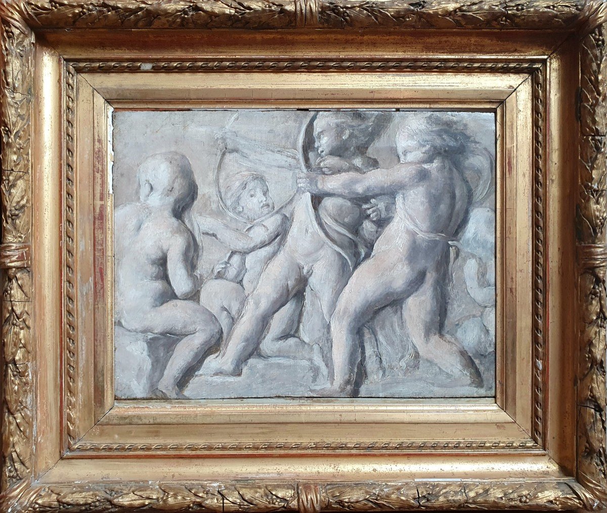 Putti With Arcs Oil On Grisaille Canvas 19th Century-photo-2
