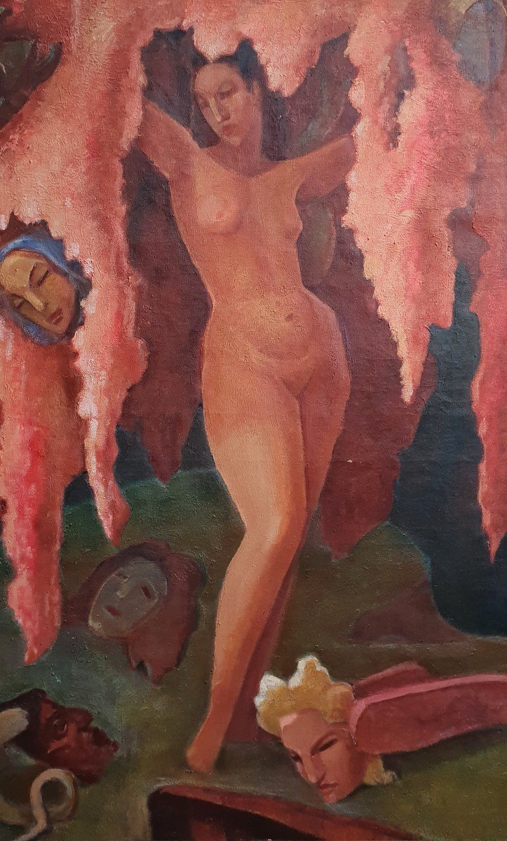 Femme Nue Aux Masques Vers 1930 Grande Huile Sur Toile -photo-2