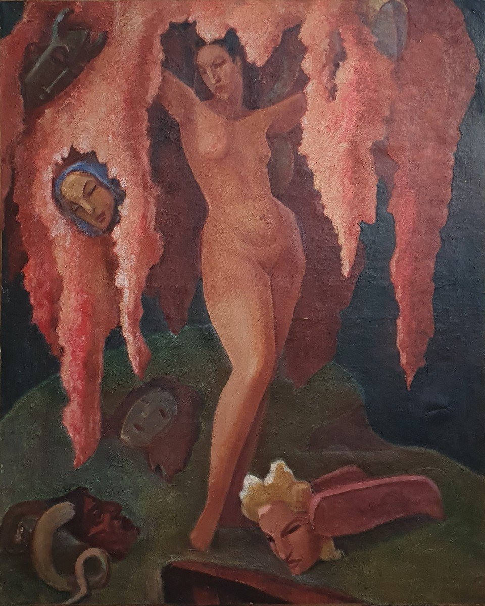 Femme Nue Aux Masques Vers 1930 Grande Huile Sur Toile 