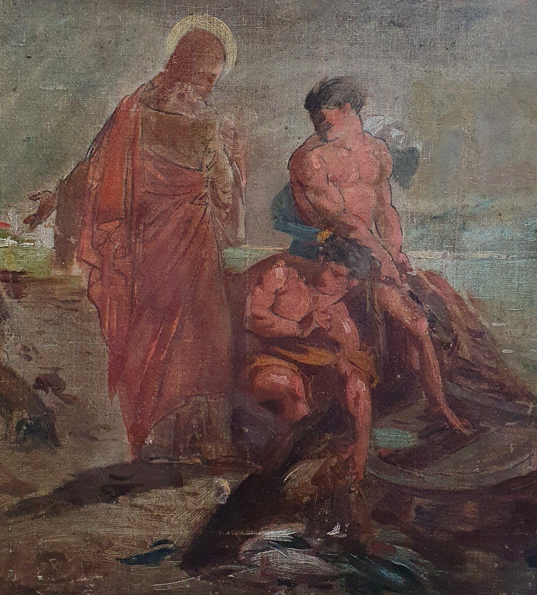 La Pêche Miraculeuse Huile Sur Toile Esquisse XIXème Siècle Génésareth -photo-2