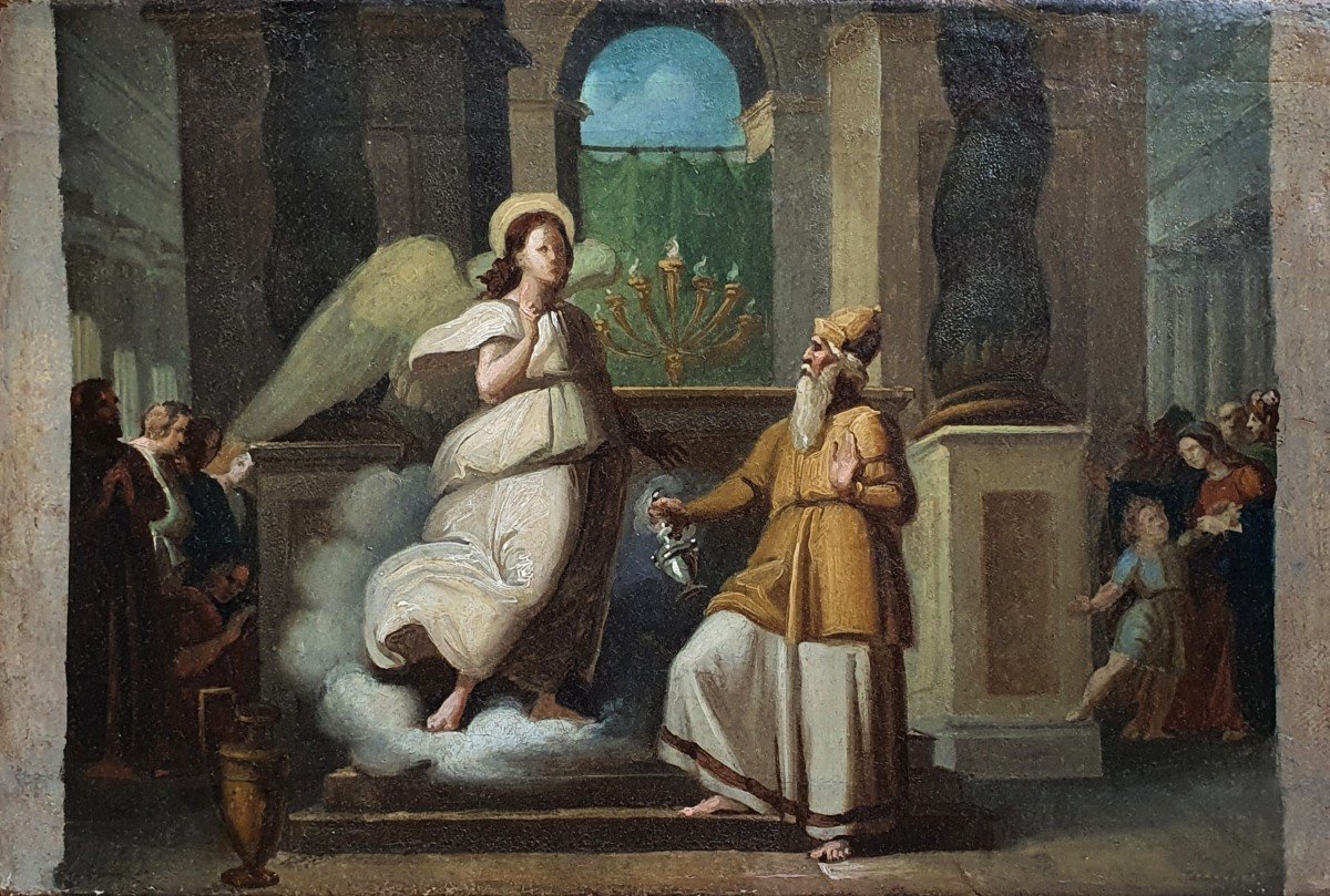 Archangel Gabriel Appearing To Saint Zacharias Oil On Canvas Early 19th Century Sketch -photo-2