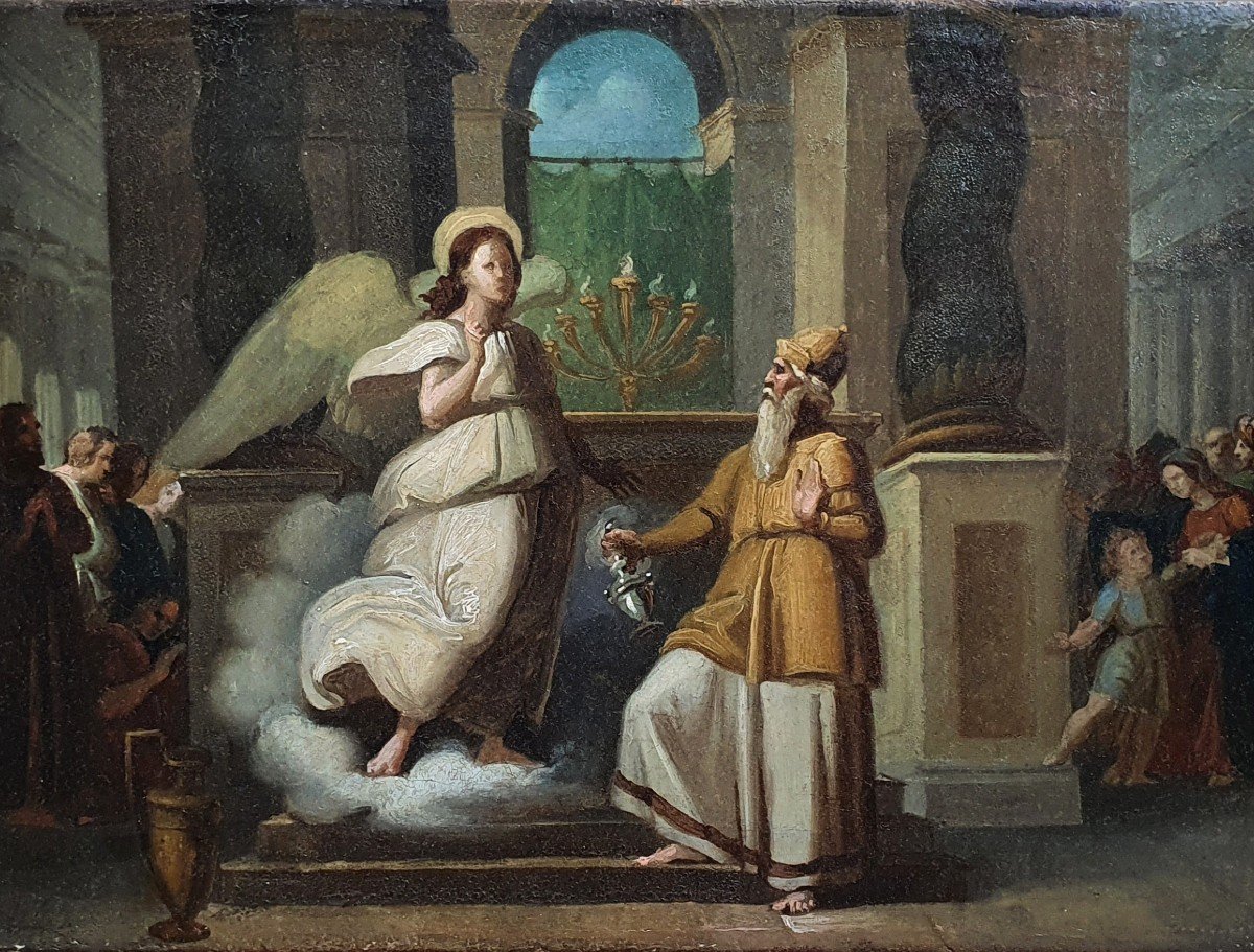 Archangel Gabriel Appearing To Saint Zacharias Oil On Canvas Early 19th Century Sketch 