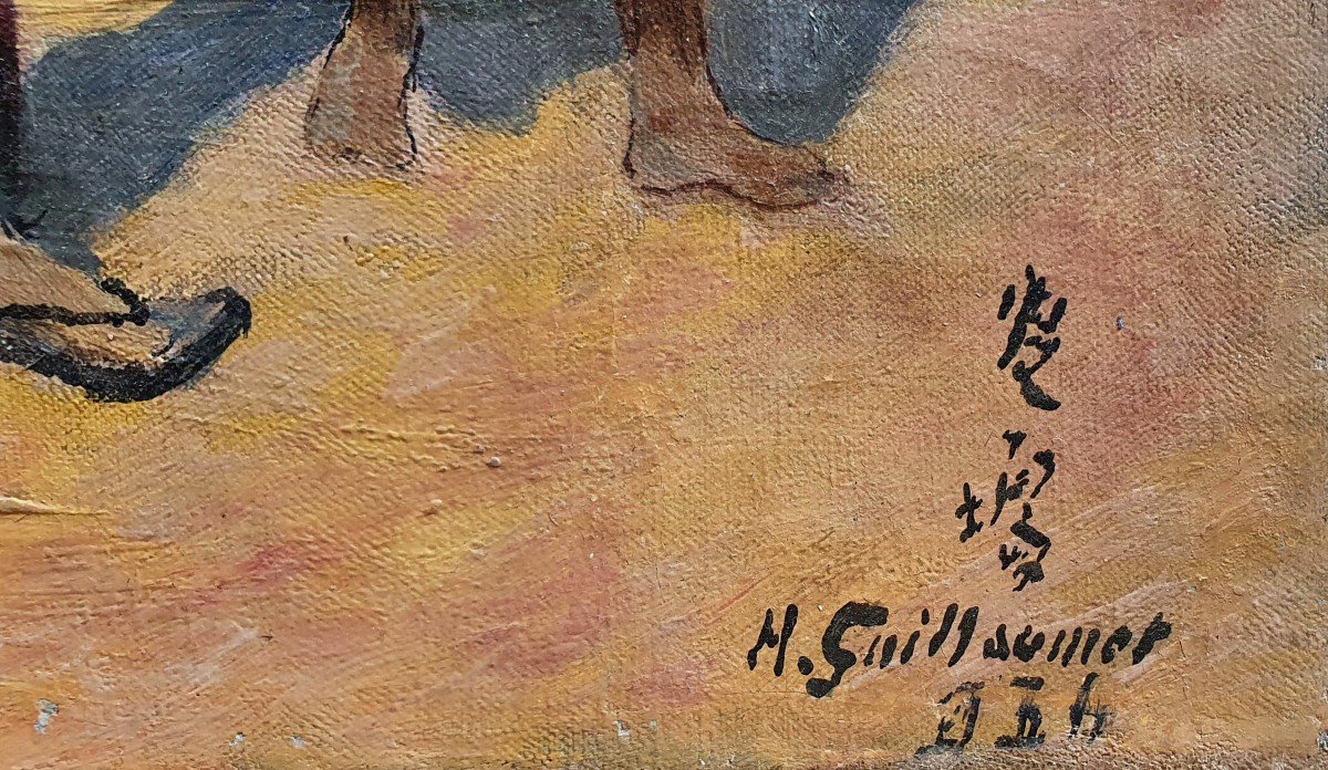 Scène De Vie En Asie Huile Sur Toile Début XXème Indochine Japon  Guillaumet ou Guillaumot-photo-1