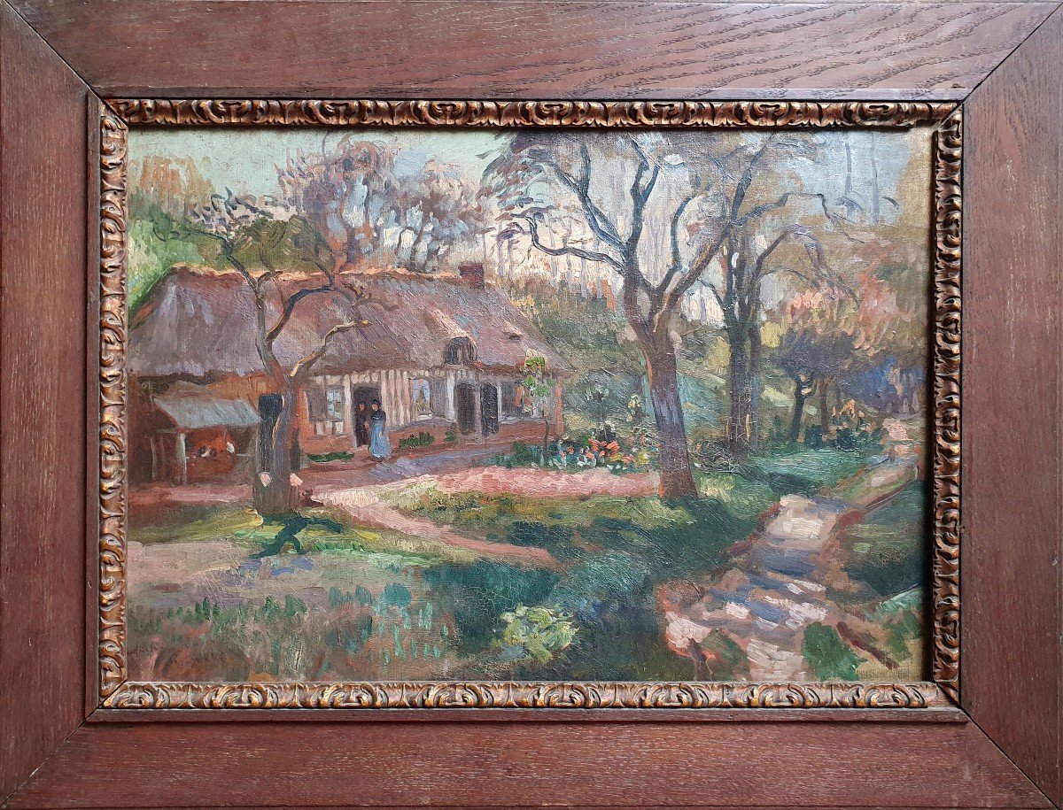 Leroux Paysage Animé à La Maison Huile Sur Toile -photo-3