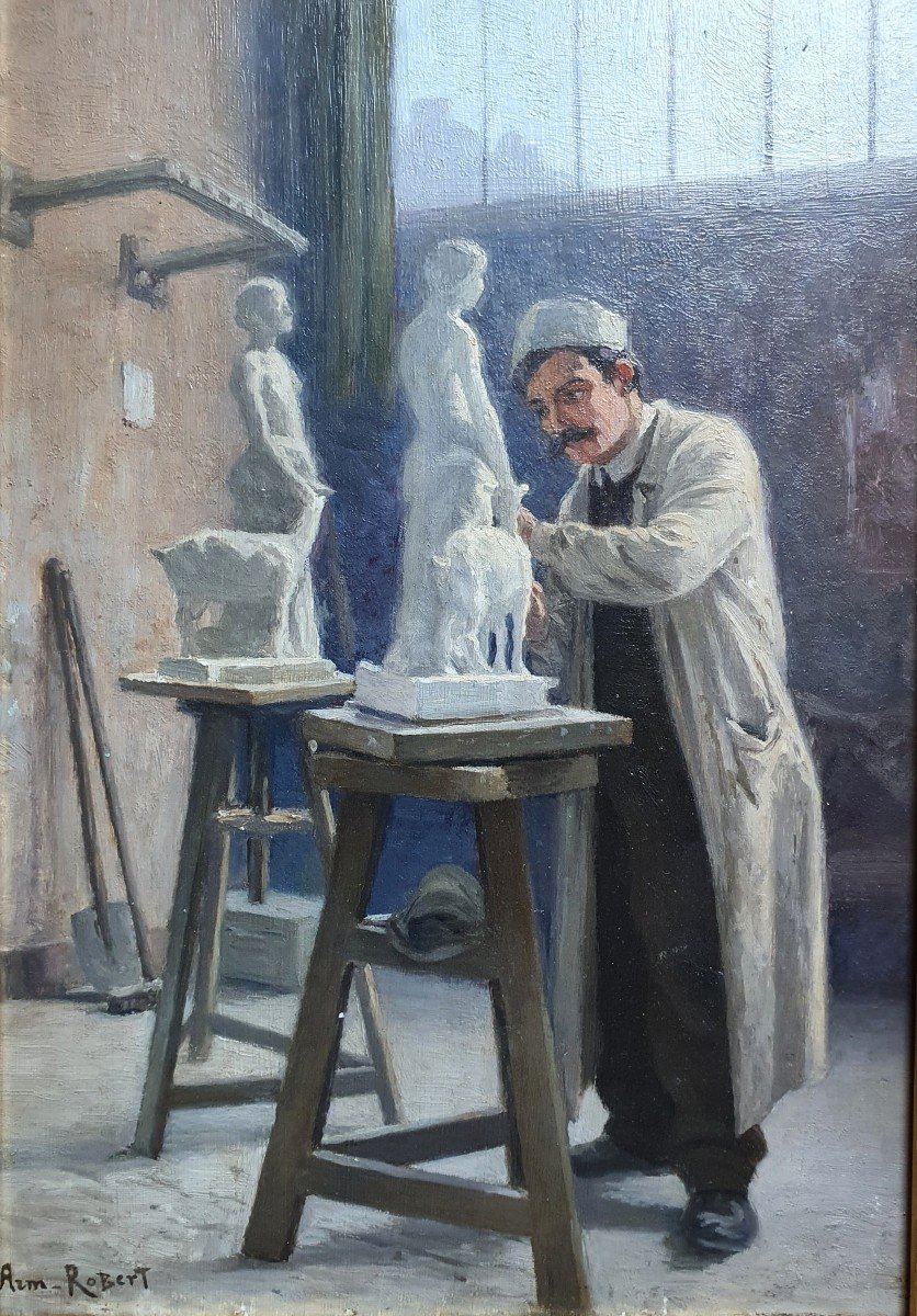 Armand Robert Dans l'Atelier Du Sculpteur Huile Sur Panneau 