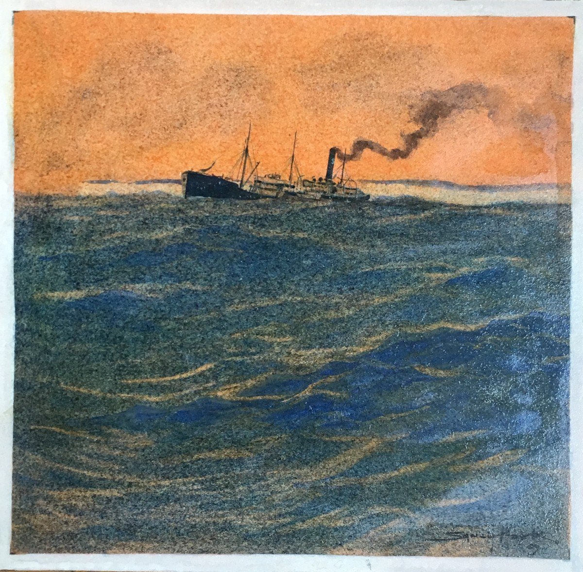 Sandy Hook Cargo En Pleine Mer Aquarelle Et Gouache Vernissée Georges Taboureau -photo-2