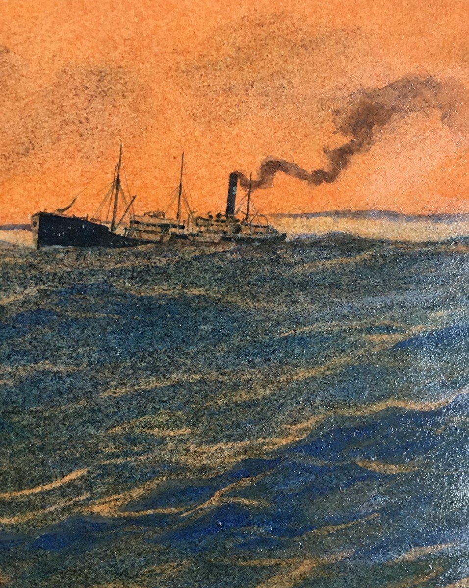 Sandy Hook Cargo En Pleine Mer Aquarelle Et Gouache Vernissée Georges Taboureau -photo-3