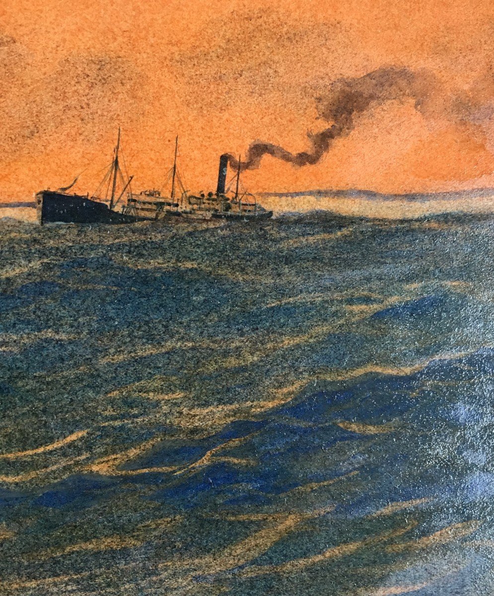 Sandy Hook Cargo En Pleine Mer Aquarelle Et Gouache Vernissée Georges Taboureau -photo-4