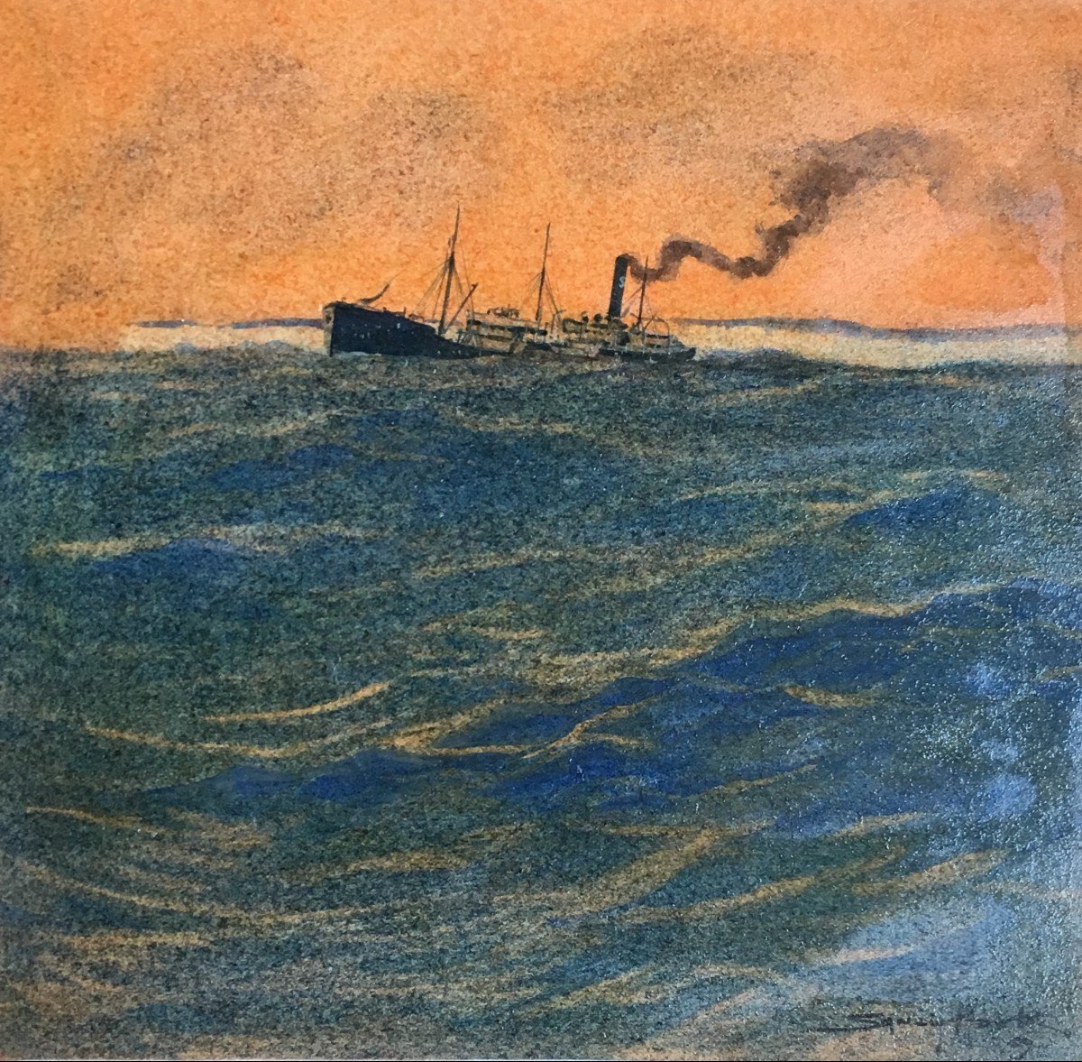 Sandy Hook Cargo En Pleine Mer Aquarelle Et Gouache Vernissée Georges Taboureau 