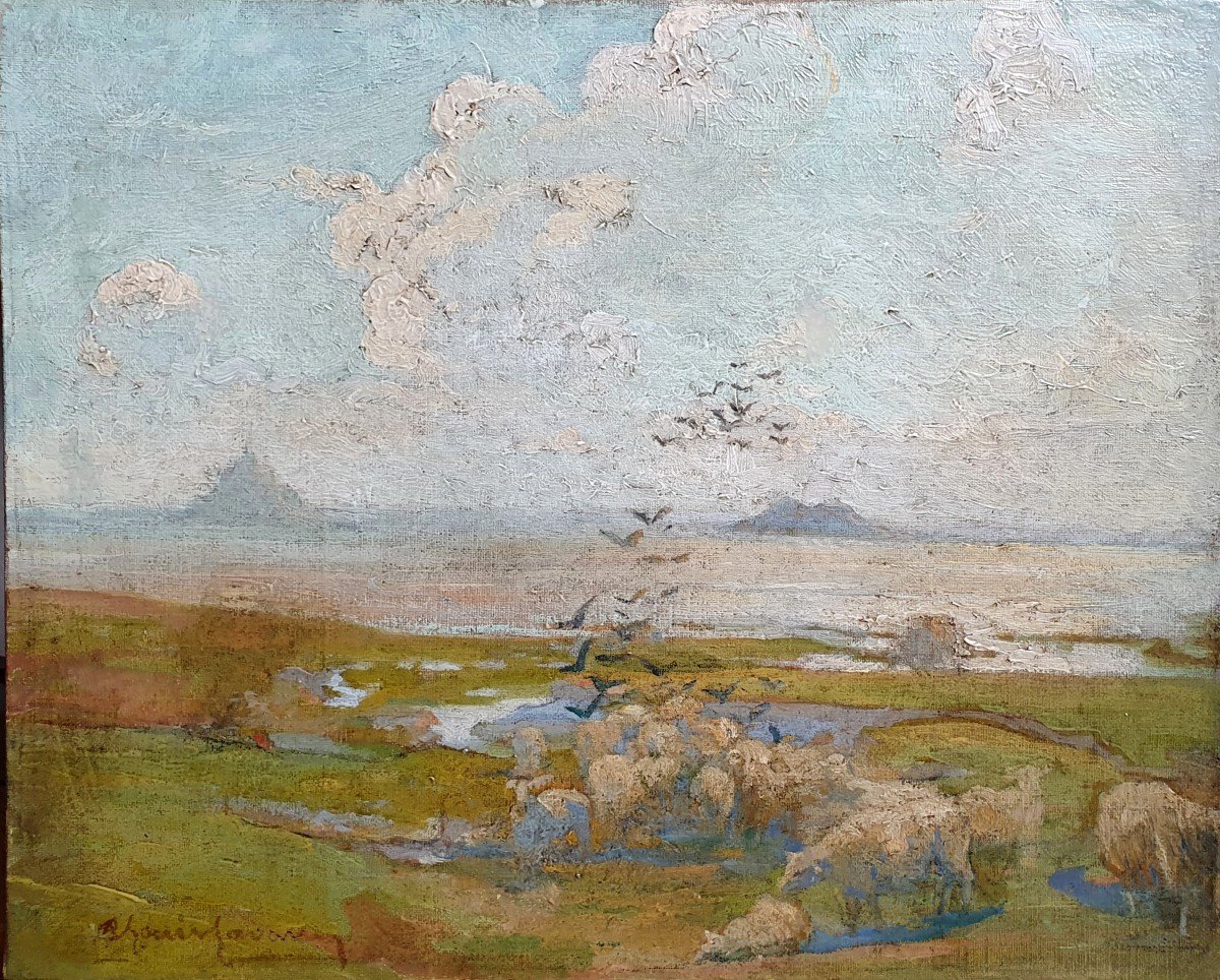 Alexandre Louis Lavalley Moutons Devant Le Mont-saint-michel Huile Sur Toile  1900 Normandie 