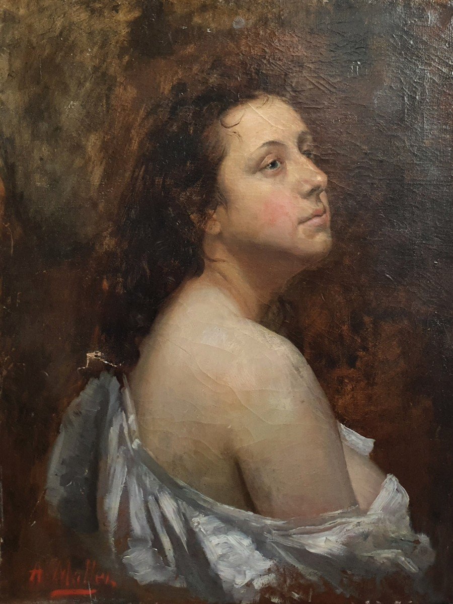 Augustin Mallet Portrait De Femme Au Drapé Huile Sur Toile à Restaurer 