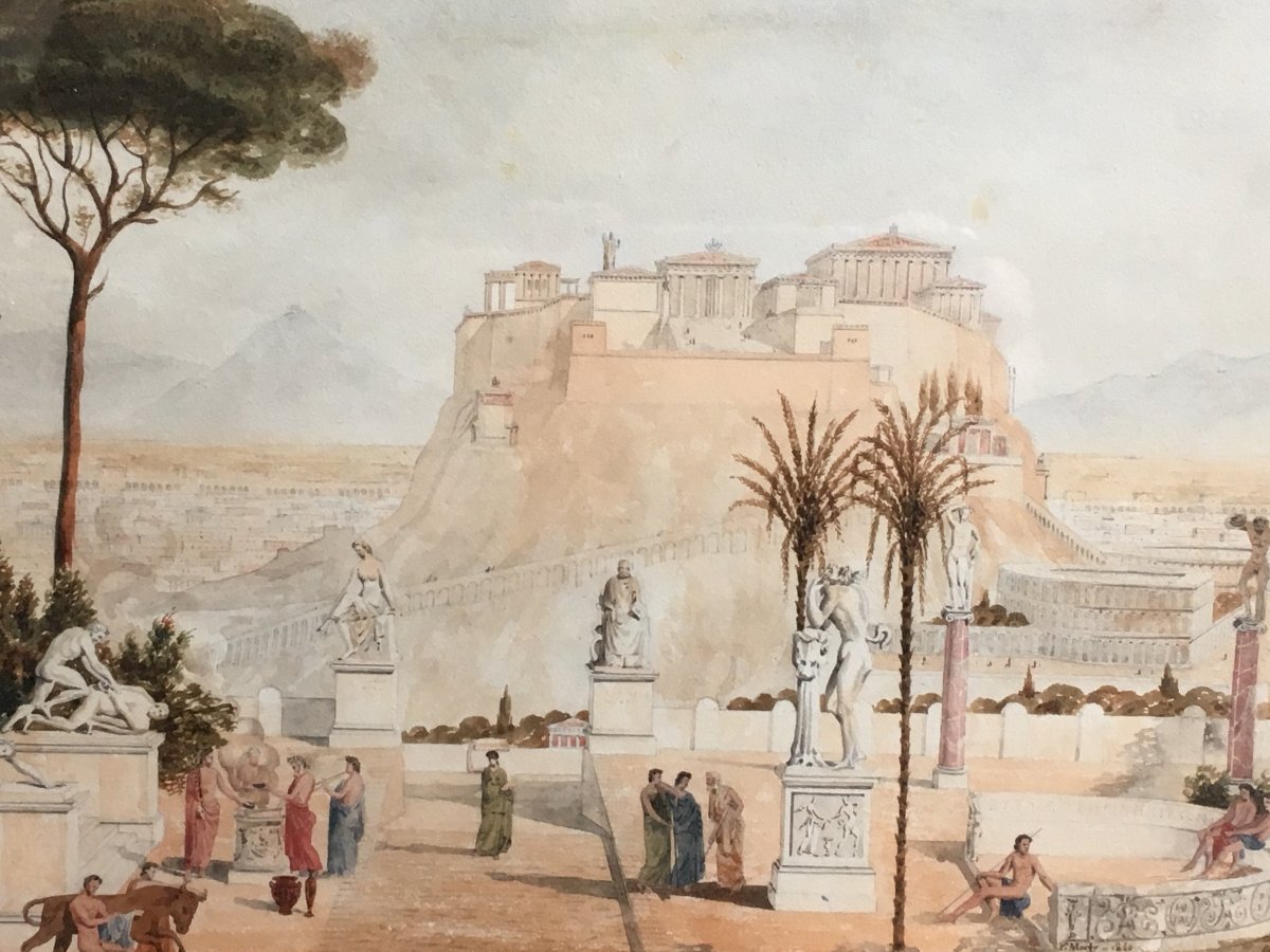 Prosper Morey L’acropole D’athènes Aquarelle Scène Antique 1840-photo-4