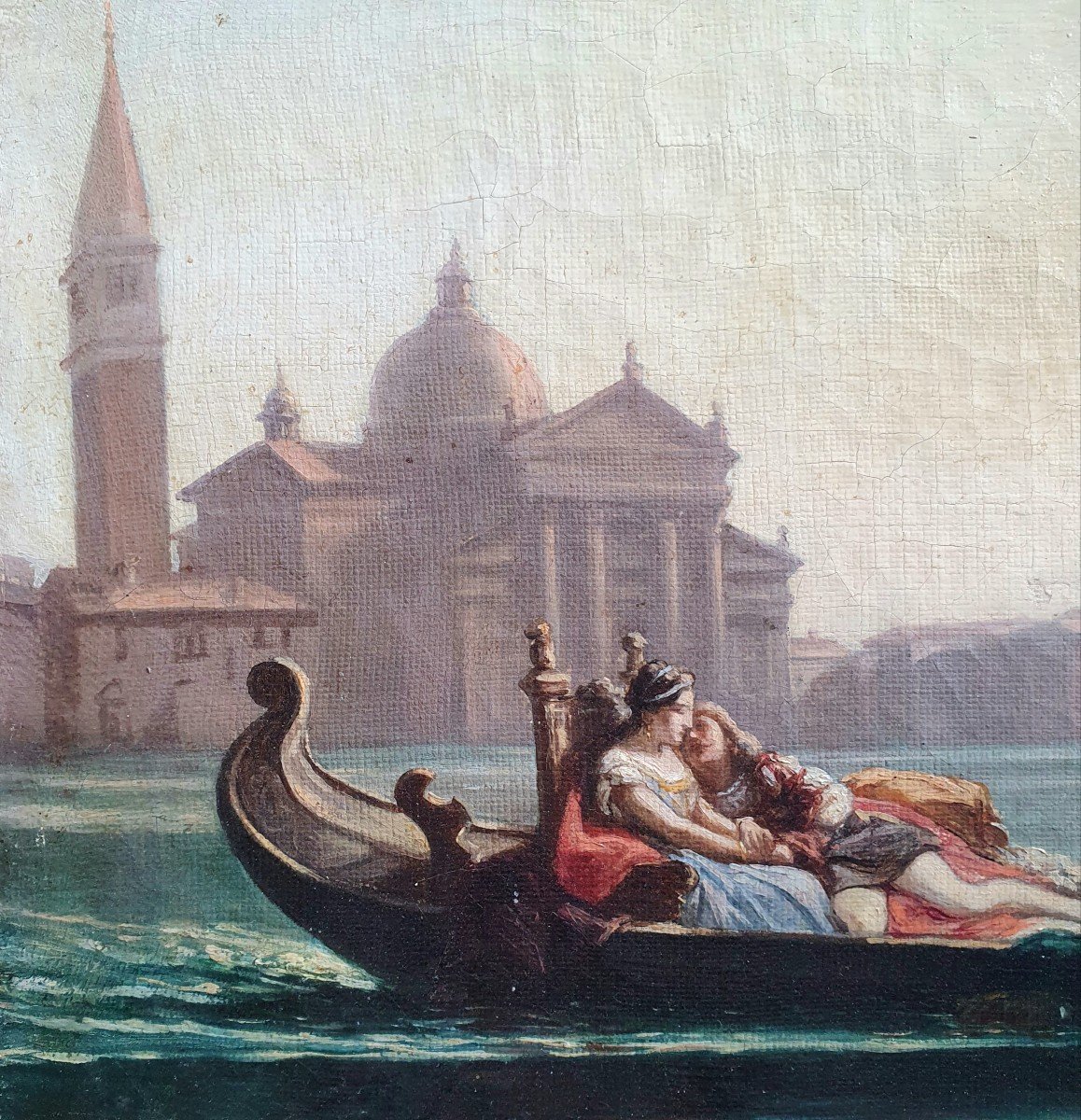 Scène Galante à Venise Gondole Huile Sur Toile Du XIXème Siècle Italie-photo-4