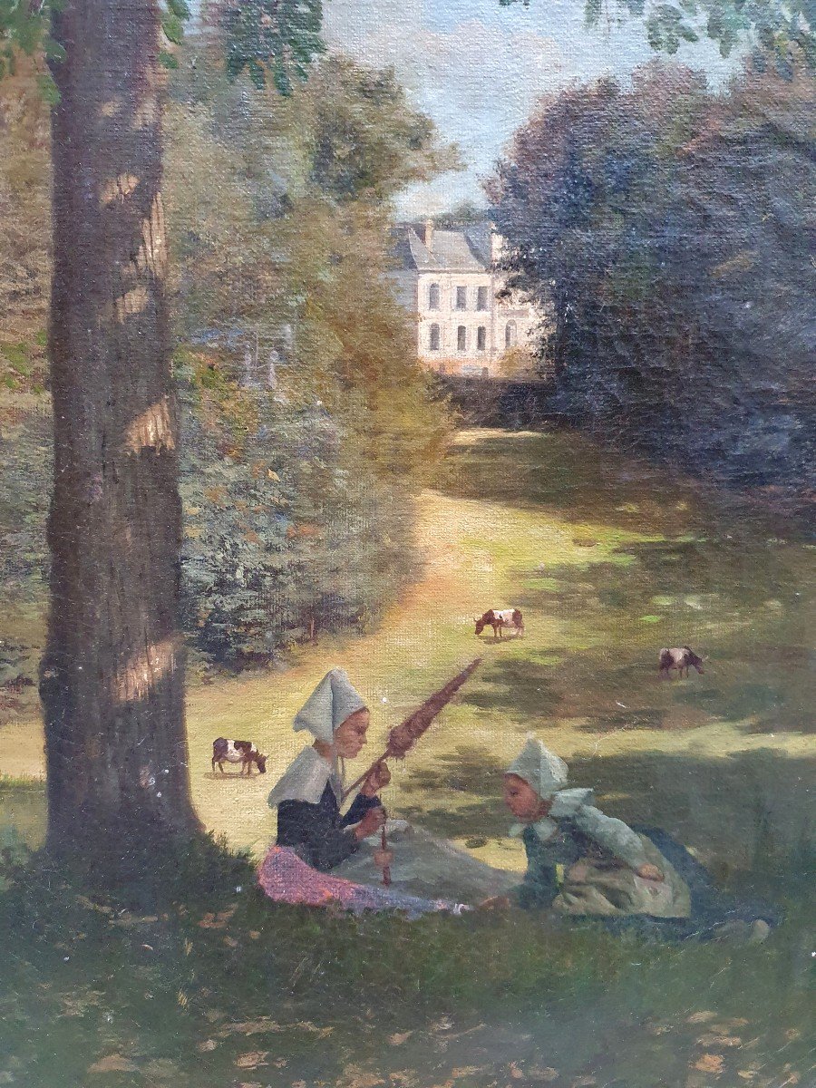 Raoul Edmond Marie Young Breton Girls Seated In Front Of A Castle Near Nevez Finistère Oil On-photo-4