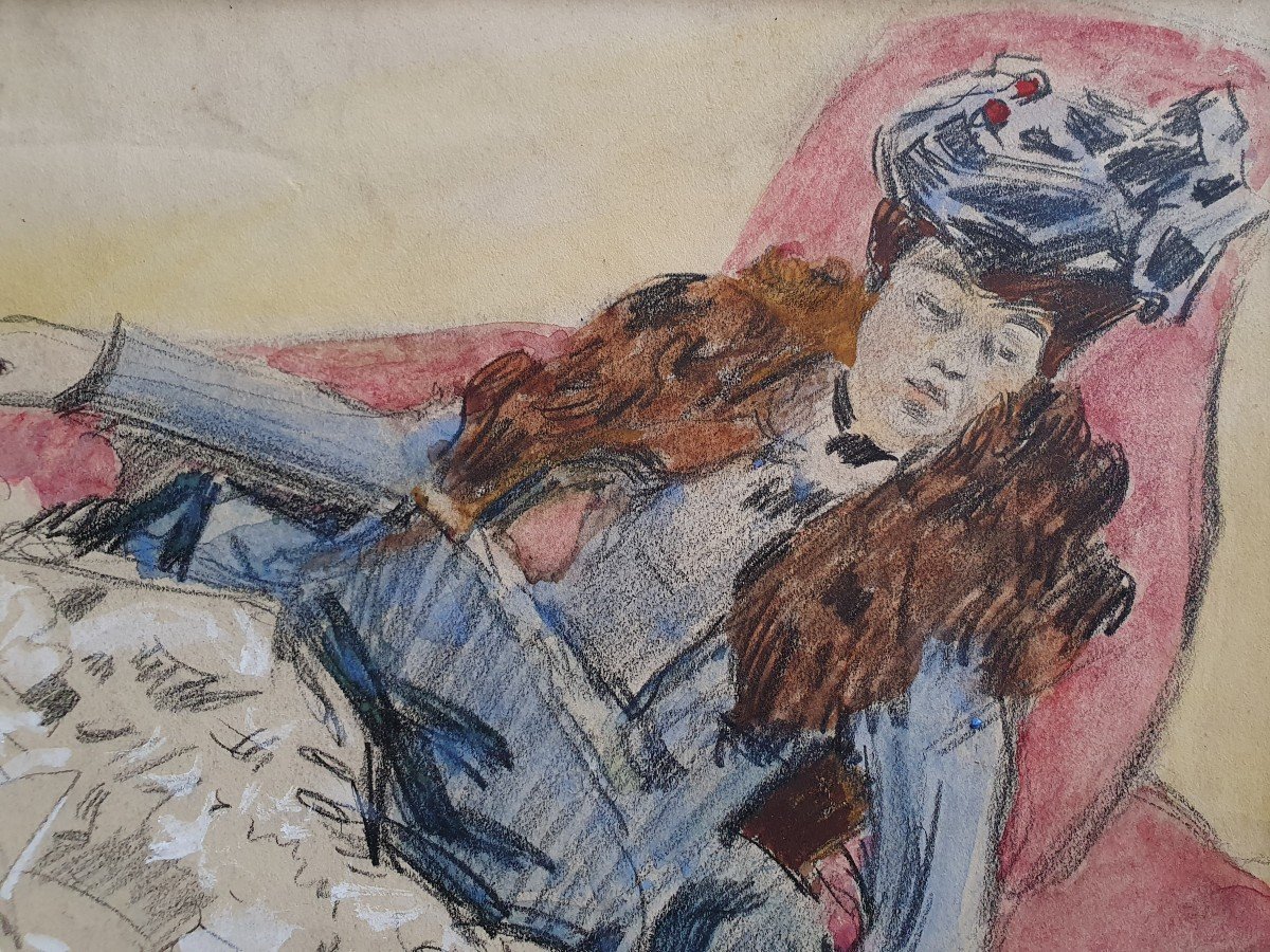 Tony Minartz After The Ball Lying Woman Watercolor And Pencil-photo-1