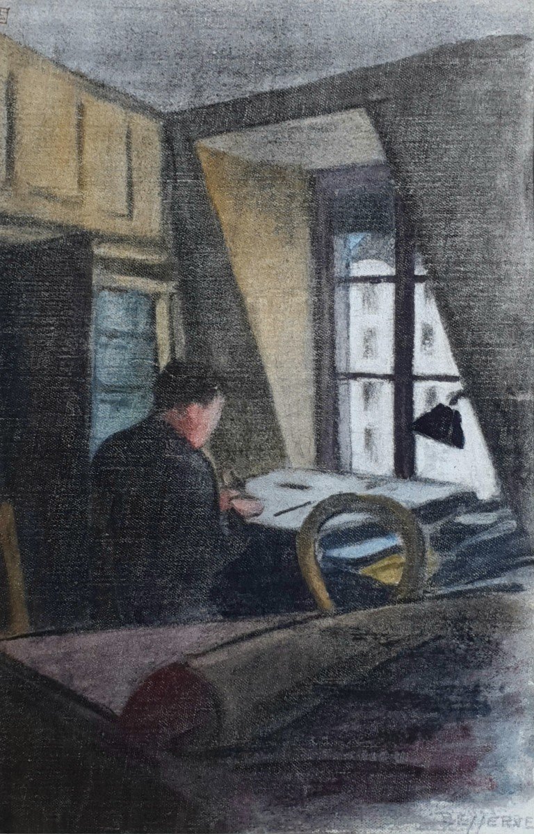 René Besserve Le Dessinateur Atelier d'Artiste Huile Sur Papier Entoilé Autoportrait