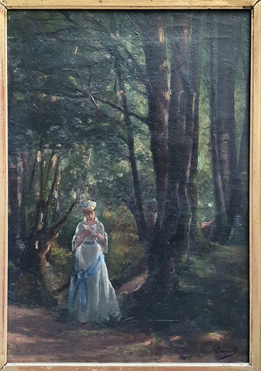 Alix Louise Enault Young Woman Reading In A Forest Oil On Canvas 1877-photo-1