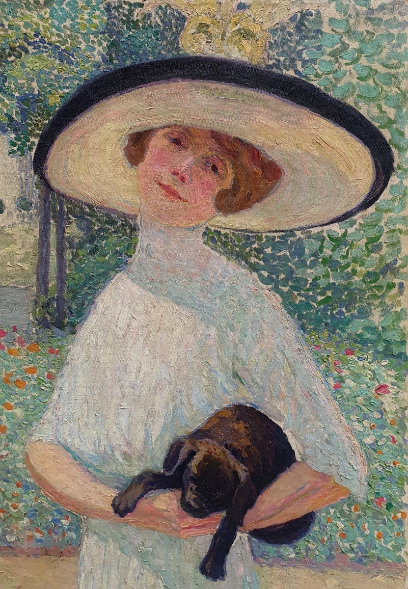 Woman And Her Dog Large Oil On Pointillist Canvas Early 20th Century A Restoration In-photo-3