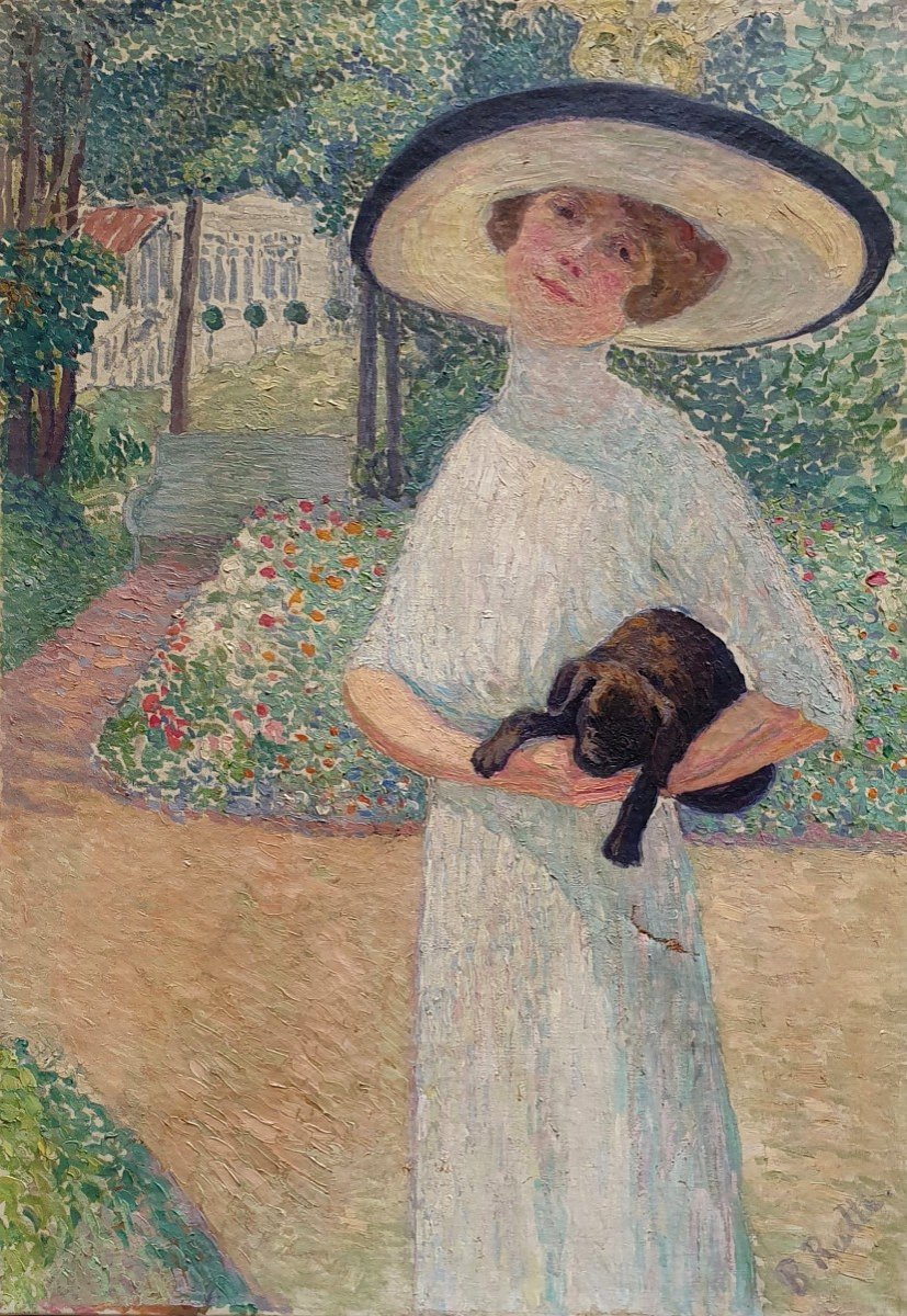 Woman And Her Dog Large Oil On Pointillist Canvas Early 20th Century A Restoration In