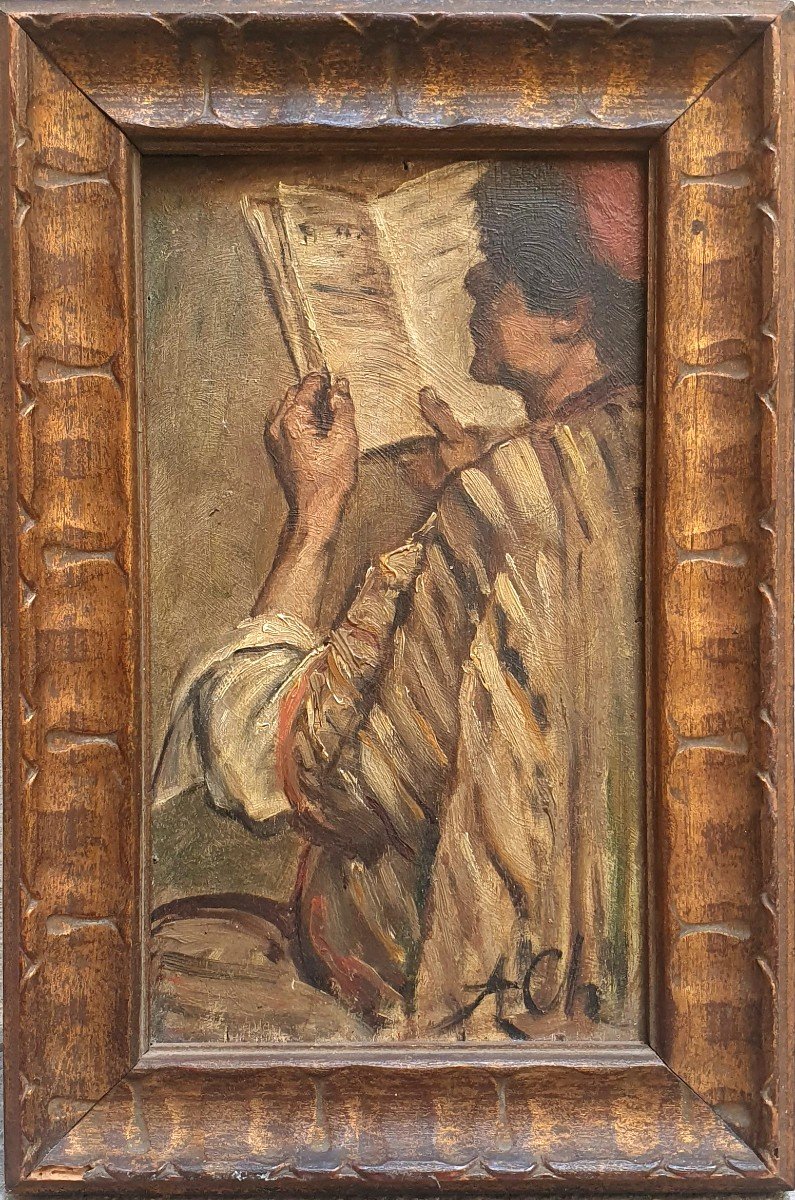 Alfred Chataud Jeune Arabe à La Lecture Huile Sur Panneau Coran Fin XIXème Siècle-photo-2