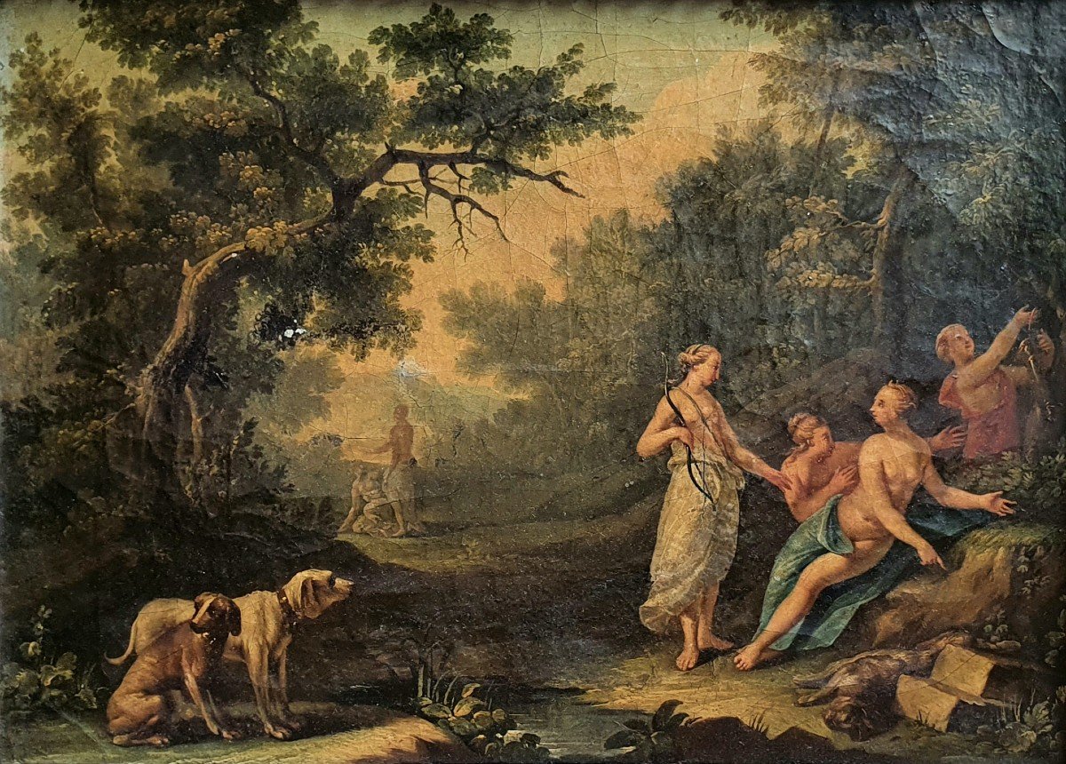 Jens Juel Diane Chasseresse Peintre Danois Huile Sur Toile Du XVIIIème Siècle Chiens à Nettoyer