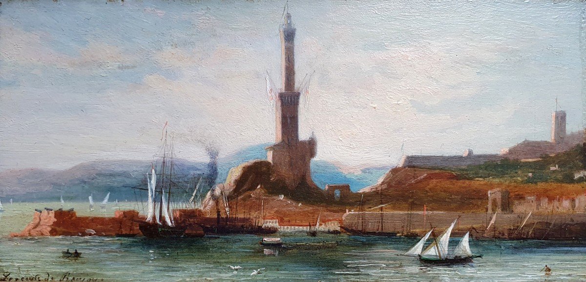 Genoa Lighthouse La Lanterna By Leconte De Roujou Oil On Panel Italy