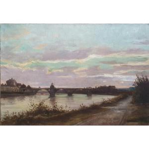 Olynthe Madrigali The Bridge Of Avignon Oil On Canvas Evening Effect