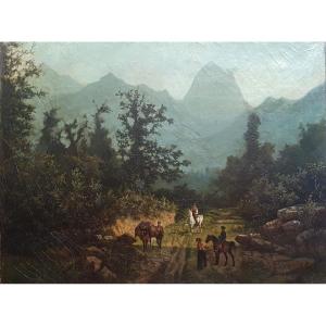 Adolphe Du Gravier Paysage Animé Des Pyrénées Huile Sur Toile XIXème Siècle Pays basque 