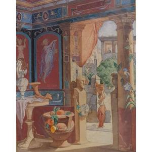 View Of An Interior In Pompeii Entourage By Félix Duban Watercolor Italy