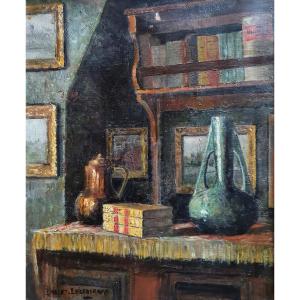 Still Life Interior Of A Ceramic Living Room Books Paintings Oil On Canvas Signed