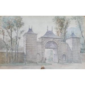 Angiens Château De Silleron Entrée De La Cour d'Honneur Aquarelle Et Plume Vers 1880 Normandie 