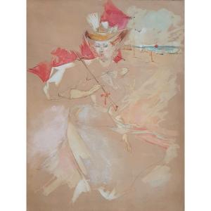 Jules Chéret Woman With A Parasol At The Normandy Beach Gouache And Watercolor