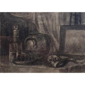 Still Life In An Interior Skull Painting And Bottle Drawing
