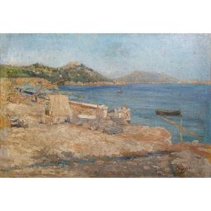 Seaside In The Mediterranean Oil On Canvas 1892 Signature To Identify Toulon Nice