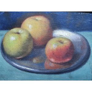 Augustin Zwiller Still Life With Apples Oil On Cardboard